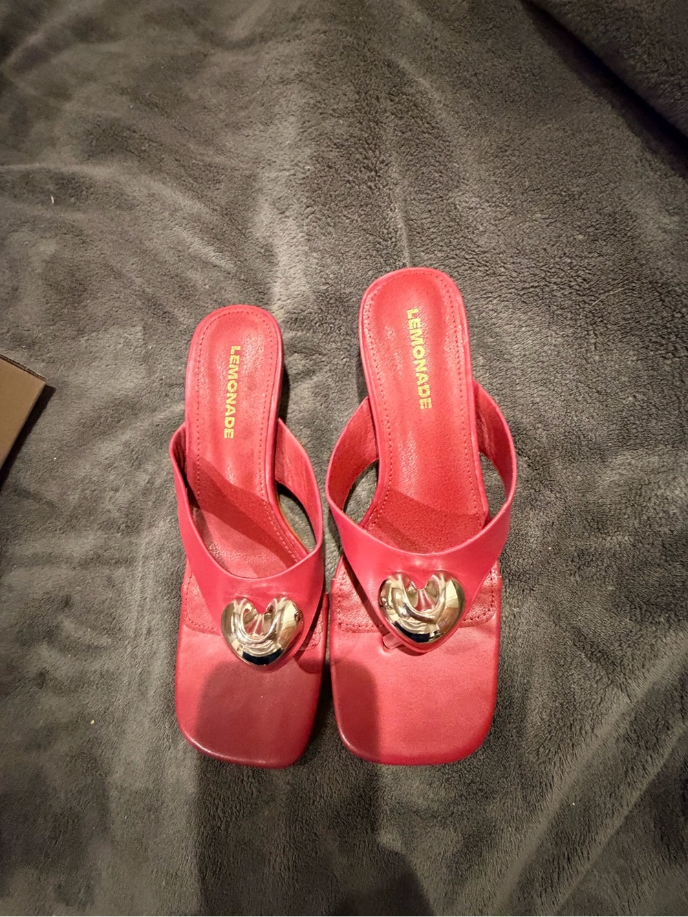 Lemonade Red Satin Slip-On Mules with Gold Heart Accent